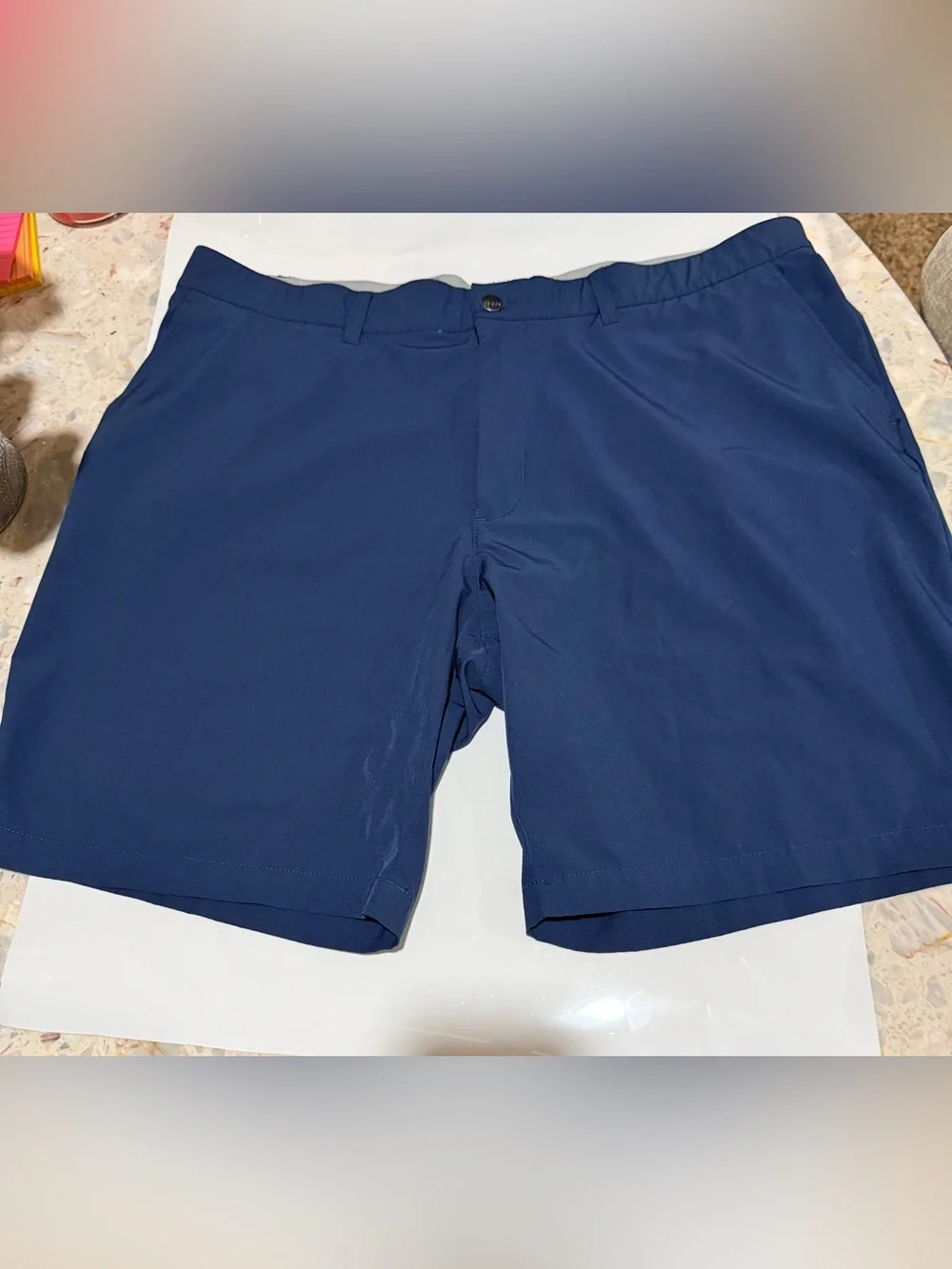 adidas Men’s Blue Solid Athletic Shorts Flat Front Pockets Logo Polyester